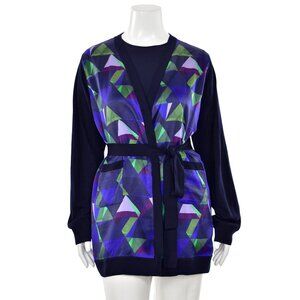 St. John Knits Geo Print Silk Trimmed Belted Cardigan in Navy Multi sz XL